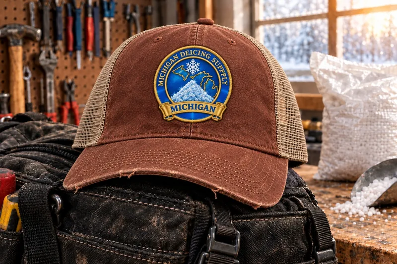 Michigan Deicing Supply trucker cap on a tool bag in a workshop