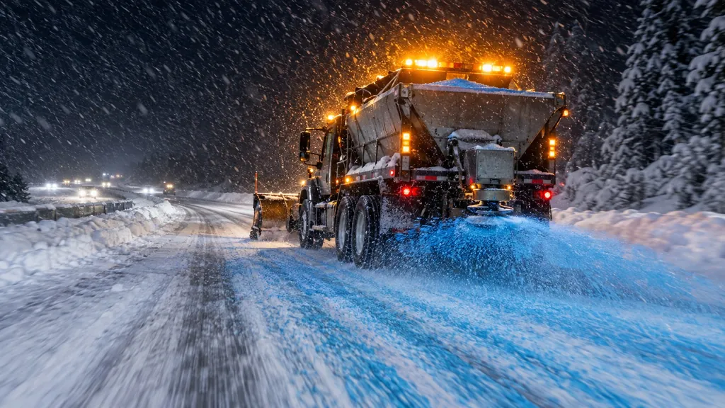 Orange spreader truck throwing blue treated salt on a snowy highway at night