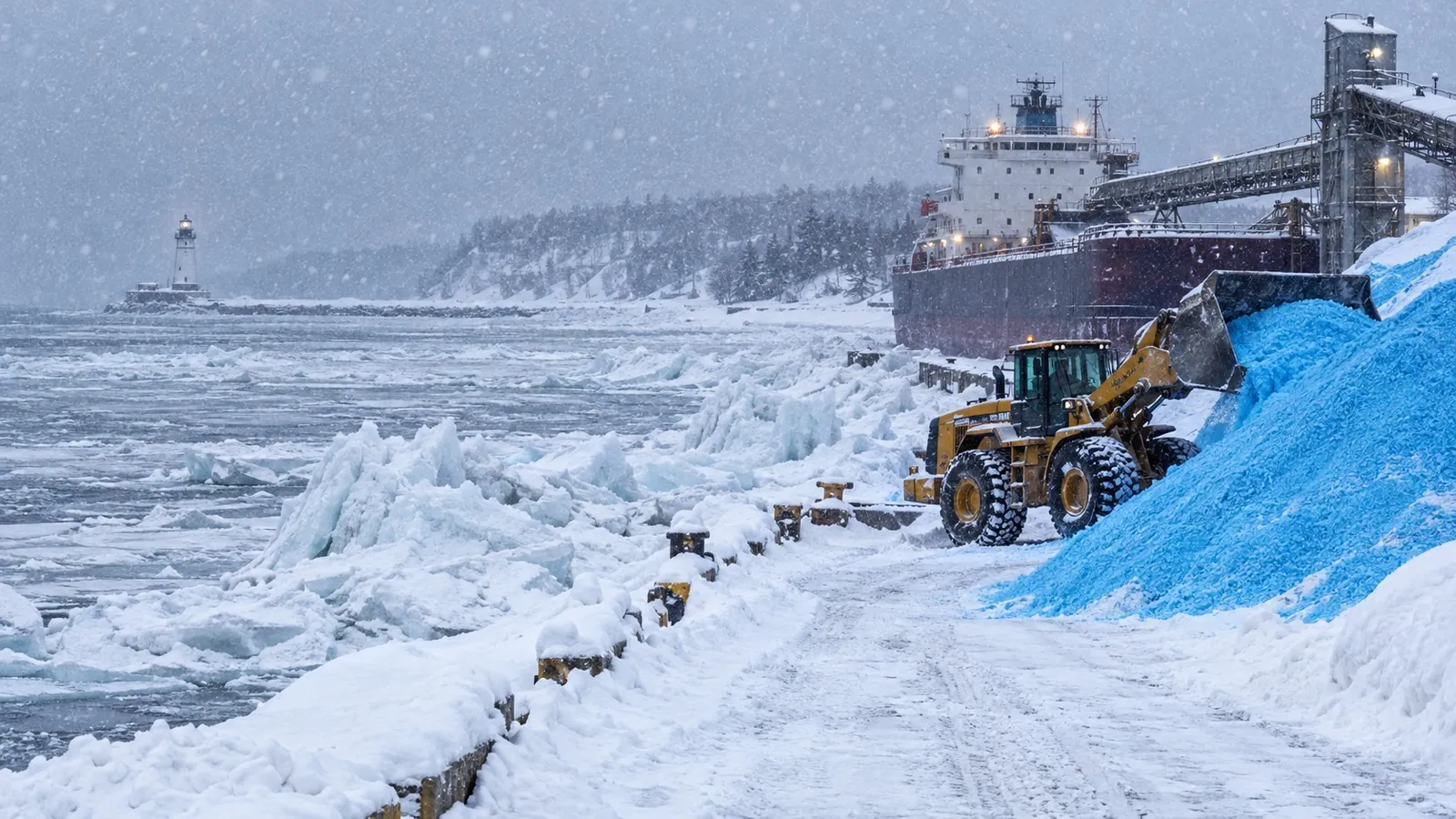 Loader pushing a pile of blue treated salt along an icy lakeshore while a freighter unloads at a terminal