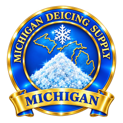 Michigan Deicing Supply badge: snowflake and Michigan outline over a salt pile